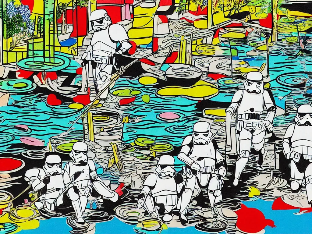 Image similar to close - up image of a japanese house with a pond, stormtroopers sitting around it, in style of pop - art, andy warhol, roy lichtenstein, jackie tsai, bright palette, acrylic on canvas