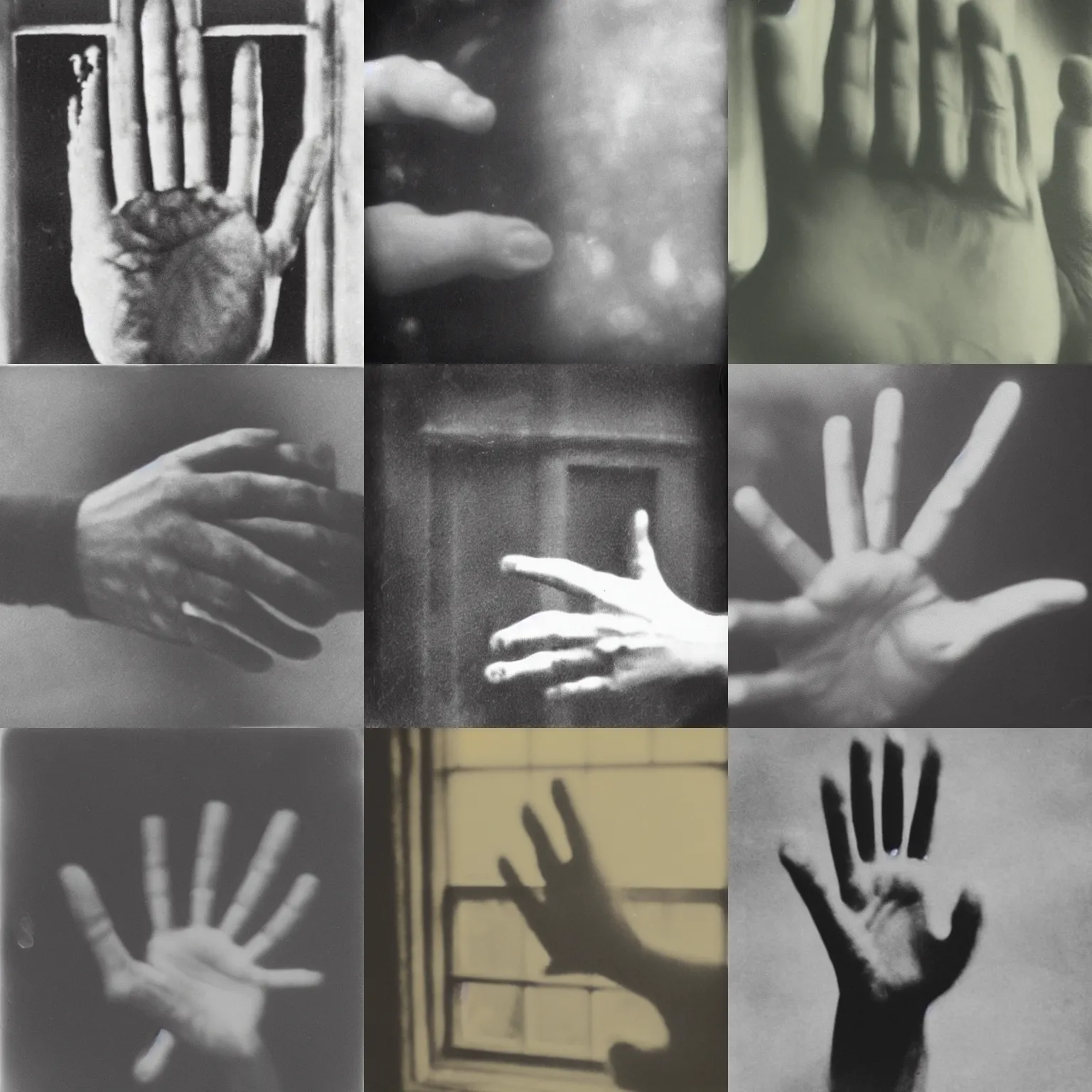 Prompt: Victorian pinhole photo of extreme close up of beautiful palm of hand with five fingers pressed against window