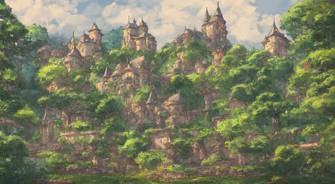 Image similar to a landscape painting of a French castle, with a square and garden, in the style of anime, by Studio Ghibli, trending on artstation