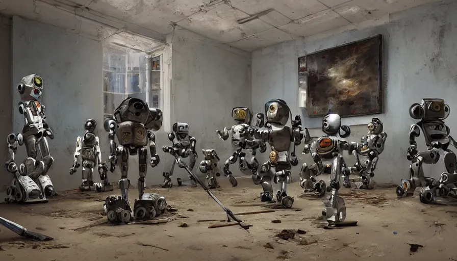 Image similar to robots in an abandoned decrepit art gallery, robots stand in front of landscape paintings, robots holding paintbrushes and easels, landscape paintings on canvas with robots, 4 k, dramatic lighting, cinematic lighting, robot painter