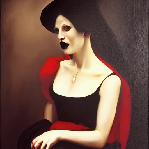 Image similar to A beautiful painting of a lady vampire, victorian, dracula, ominous, oil on canvas, photorealism, caravaggio, irwin penn, high definition, soft light