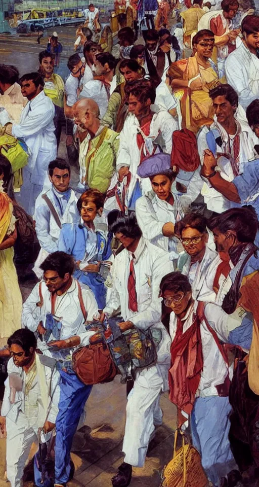 Image similar to close up of young Indian doctors in scrubs disembarking at Heathrow, sun shining, photo realistic illustration by greg rutkowski, thomas kindkade, alphonse mucha, loish, norman rockwell.