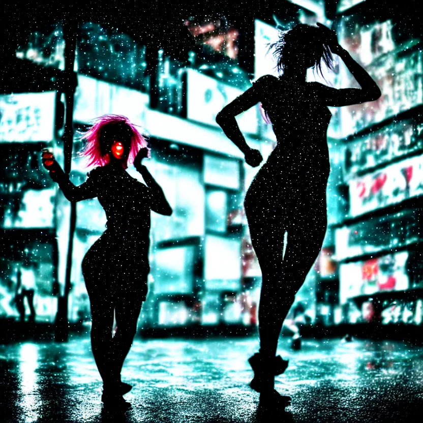 Image similar to a photo close up cyberpunk woman dancing in the rain, cyberpunk hiroshima, prefecture streets, midnight, photorealistic, cinematic lighting, highly detailed, bokeh, style by tomino - sama