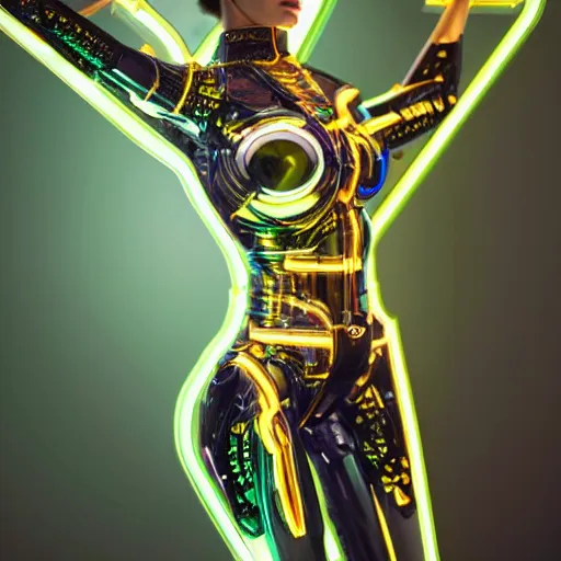 Prompt: Cyborg Woman, full-body shot of a woman with large mechanical wings, neon art style, futuristic art style, photorealistic imagery, photorealistic photos, heavily detailed, 8k quality, by Leo Avero and Eva Balloon, award-winning art