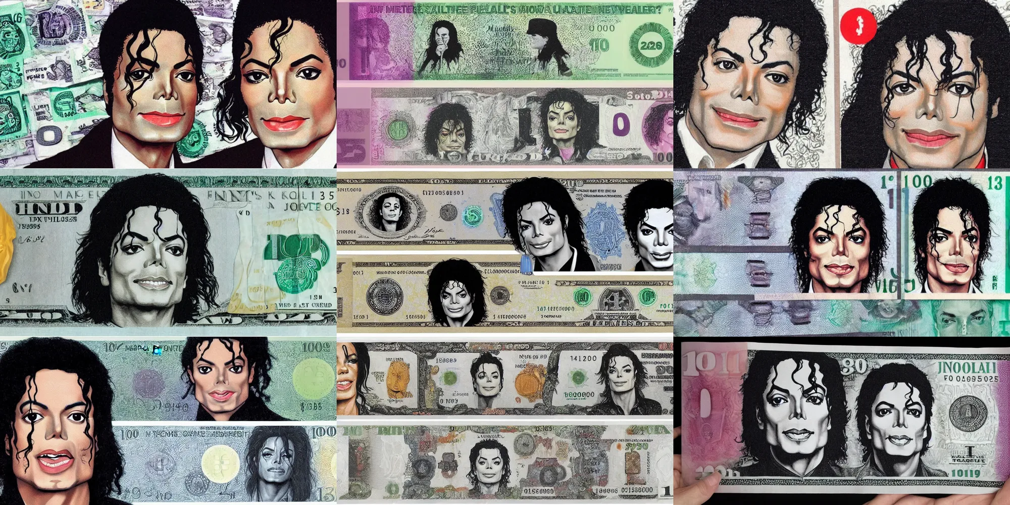 Prompt: michael jackson's awful new currency, paper money, poorly designed, michaels face in the middle