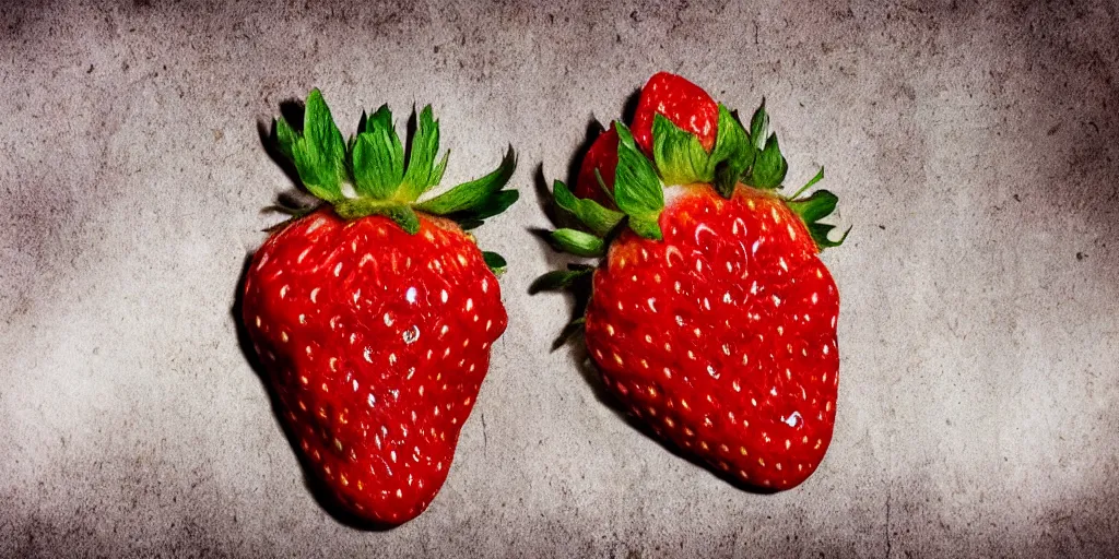 Prompt: photo of a strawberry with a terrifying and threatening face, horror surreal art