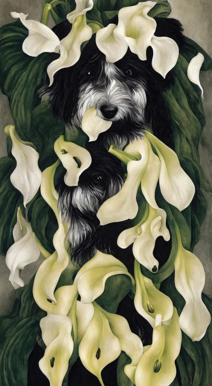 Prompt: portrait of a havanese dog with calla lillies, mexico, painting # by diego rivera 1 9 3 5