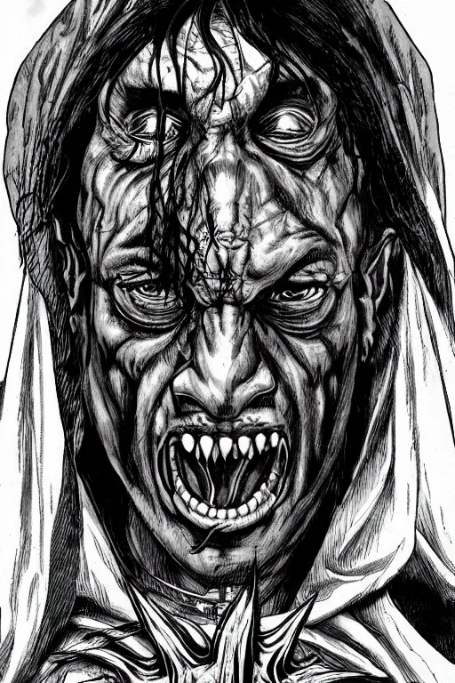 Image similar to Danny Trejo as church nun, dark fantasy, highly detailed, artstation, manga illustration by Kentaro Miura berserk