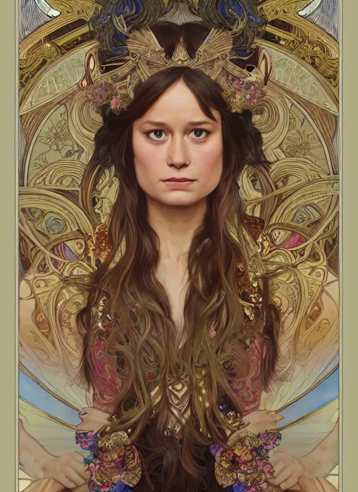 Image similar to Brie Larson as God of Beauty, cute, fantasy, intricate, elegant, highly detailed, digital painting, 4k, HDR, concept art, smooth, sharp focus, illustration, art by alphonse mucha,artgerm, H R Giger