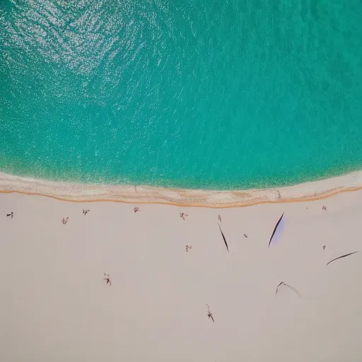 Prompt: an aerial drone photo of a busy white sands beach and shark-infested, blue waters, fine art photography, trending on Instagram, water caustics