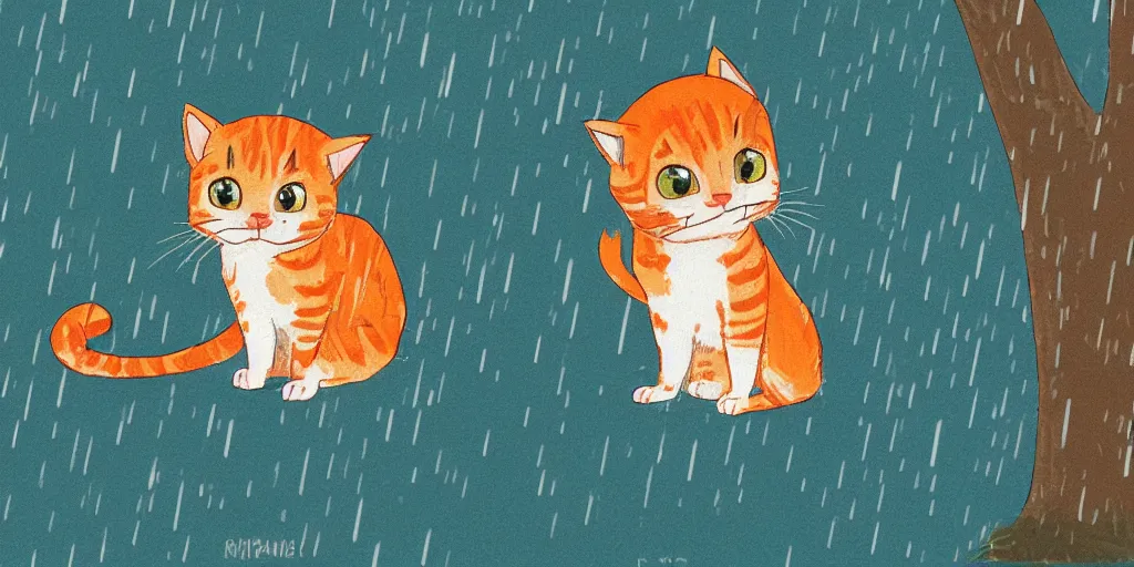 Prompt: an orange tabby kitten waiting in the rain in chuncheon by richard scarry