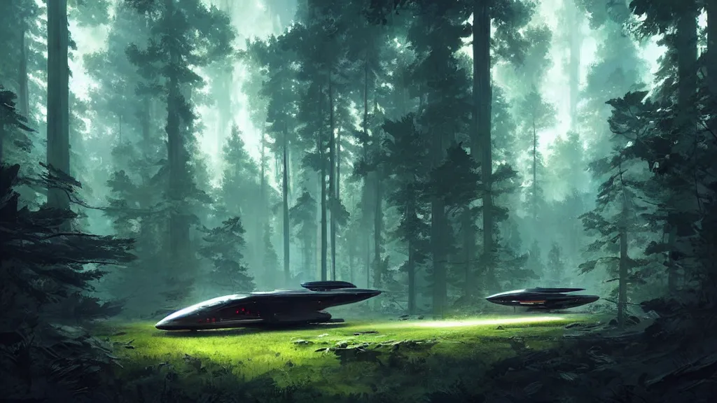 Image similar to a spaceship lost in the forest, detailed digital art by greg rutkowski.