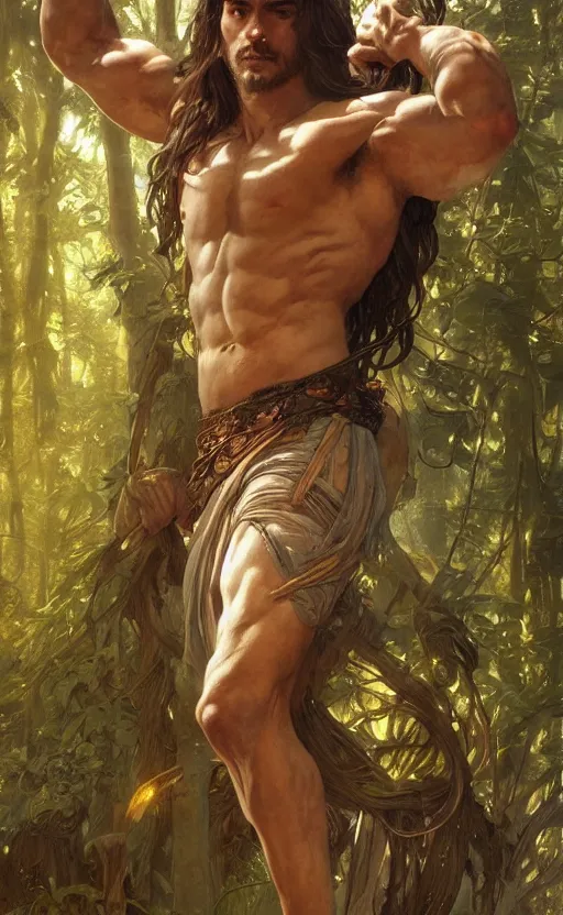 Image similar to God of the forest, male, long hair, gorgeous, amazing, muscular, intricate, highly detailed, digital painting, artstation, concept art, sharp focus, illustration, art by greg rutkowski and alphonse mucha