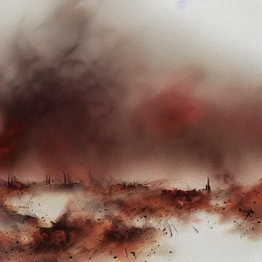 Prompt: hyper realism, realistic apocalyptic war scene, brown and red tones, dense fog