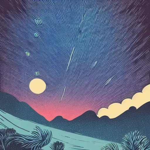 Image similar to ilya kuvshinov, mcbess, rutkowski, illustration of an amazing meteor shower