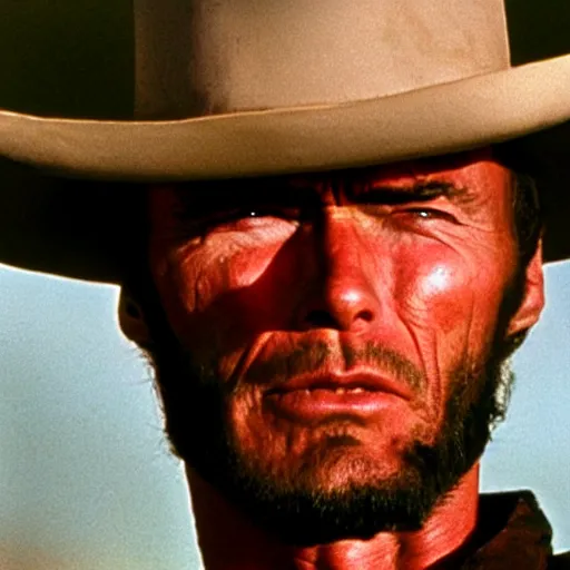 Image similar to clint eastwood squinting at high noon in the style of a clint eastwood movie, the good, the bad and the ugly, clint eastwood, steven seagal, bud spencer, donald trump, glory days, patriotism