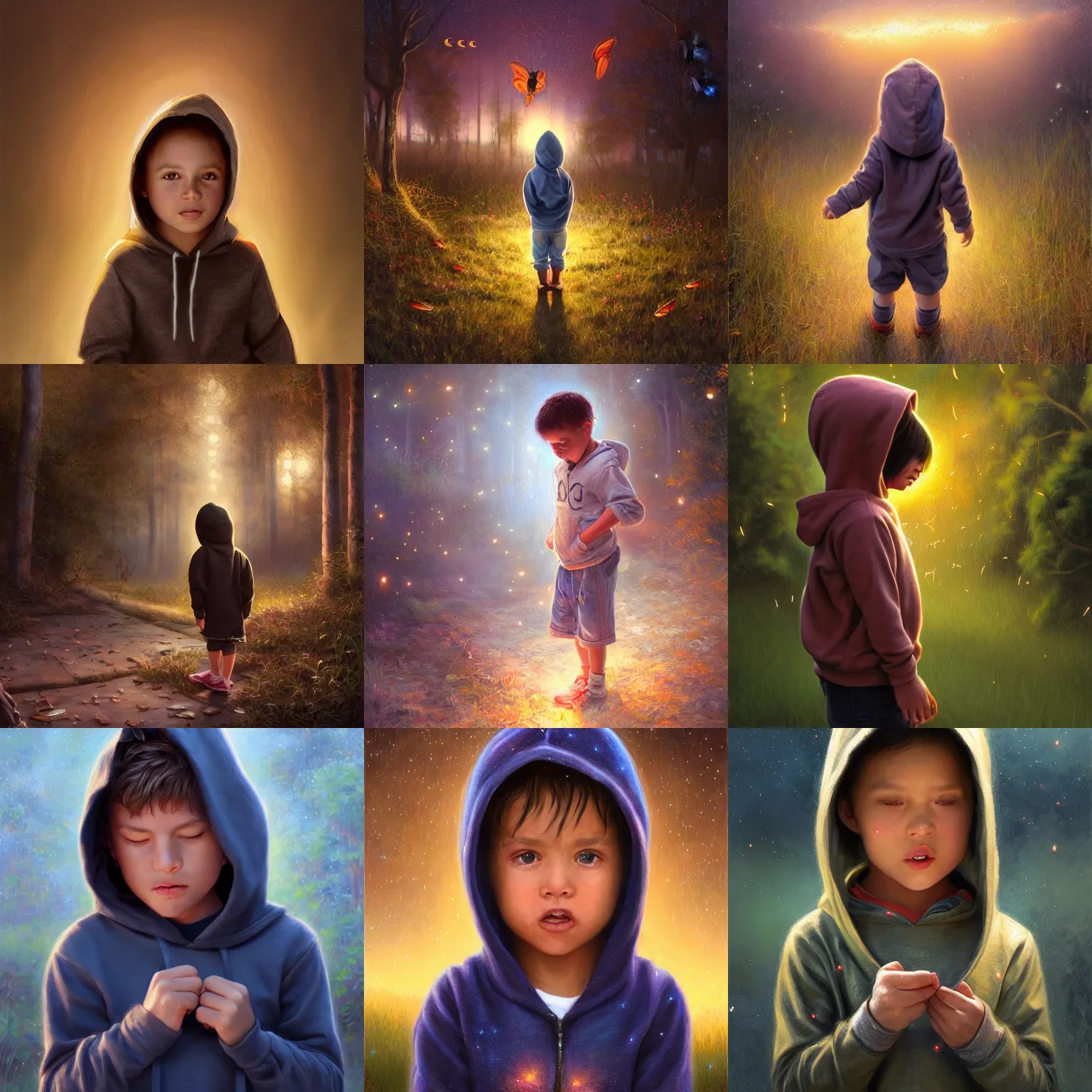 Prompt: establishing view of a child in a hoodie following fireflies. digital painting, detailed, 8 k, trending on artstation, smooth, sharp focus artwork by mark arian, artgerm, mark keathley, greg rutkowski