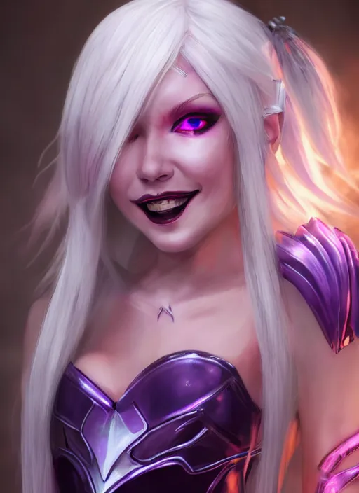 Image similar to smiling syndra, from league of legends, white hair, pink magic, hyper detailed, digital art, au naturel, with abs, trending in artstation, cinematic lighting, studio quality, smooth render, unreal engine 5 rendered, octane rendered, art style by klimt and nixeu and ian sprigger and wlop and krenz cushart