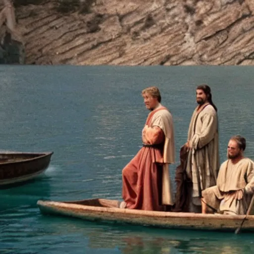 Image similar to Cinematic still of Stunned Men in 1st century clothing standing on a boat, looking in shock at the calm water, miraculous, spiritual, divine, Biblical epic directed by Ang Lee