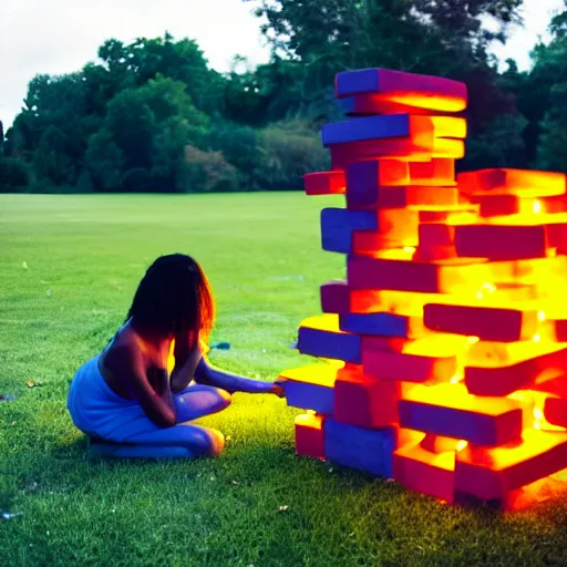 Prompt: cinematic photo of a beautiful dark blue skinned axolotl woman lit with saturated split colour yellow and red lighting playing giant jenga on the lawn