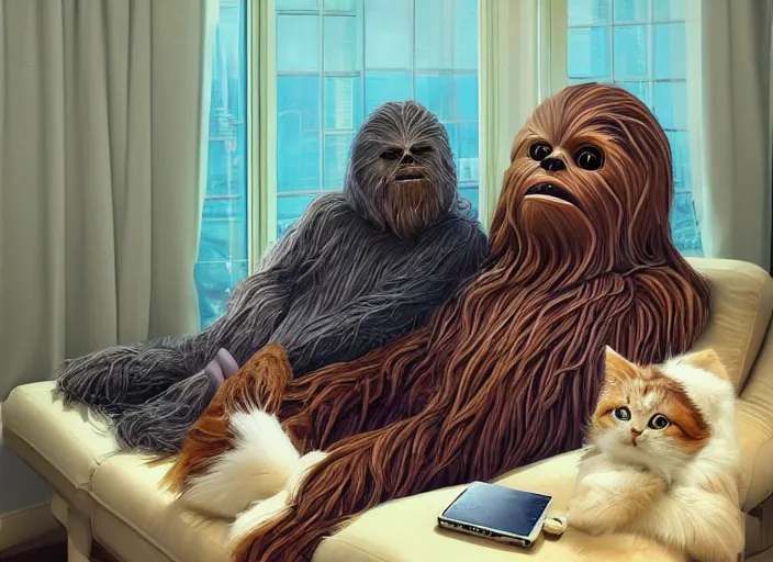 Image similar to wookiee is comfy at home trading crypto with his cat. the charts are at all time highs, gains, green charts, painting by grant wood, 3 d rendering by beeple, wlop