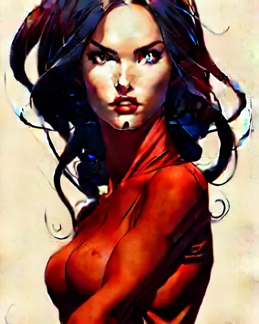 Image similar to artgerm, joshua middleton comic cover art, full body pretty megan fox holding a shotgun, red dress, symmetrical eyes, symmetrical face, long curly black hair, dark city background, cinematic lighting