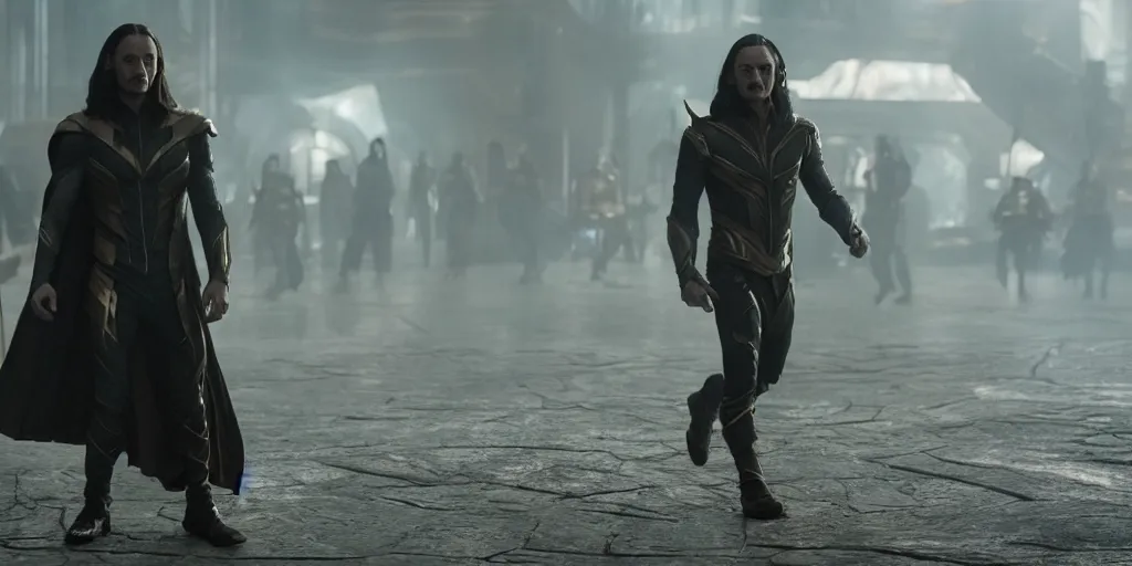 Image similar to Jared Leto as Loki in 'Avengers: Endgame' (2019), movie still frame, only one person in frame, oscar nominated cinematography, volumetric lighting, 8k resolution, beautiful composition