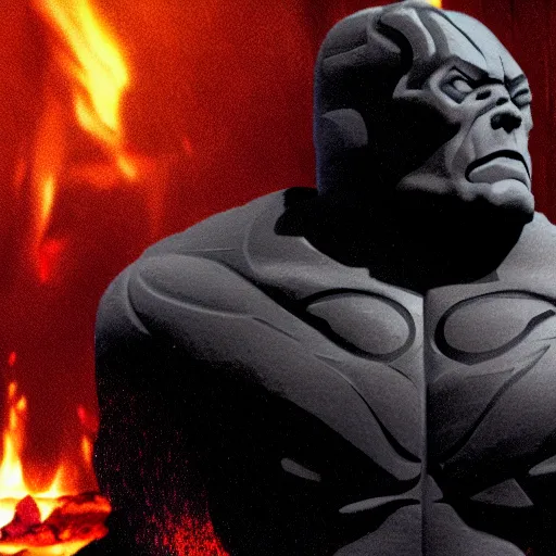 Image similar to darkseid in a dark suit with glowing eyes standing in front of a fire, a photocopy by zack snyder, cgsociety, antipodeans, # vfxfriday, reimagined by industrial light and magic, movie still