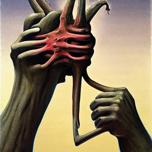 Image similar to cornhand portrait of mutant with horn in form of hand, anime, hand transplanted to head, surgery, bump in form of hand, growth on head, hippo, unicorn by zdzisław beksinski, from the tusk movie, greeting hand on head