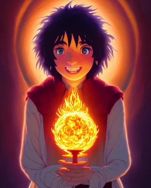 Image similar to portrait of calcifer from the movie howl's moving castle, intricate, elegant, highly detailed, digital painting, artstation, concept art, smooth, sharp focus, illustration, art by artgerm and greg rutkowski and fra angelico and alphons mucha