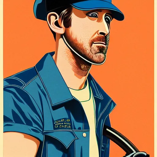 Prompt: realistic portrait of ryan gosling as a mechanic in beret, with a huge wrench, futuristic, highly detailed, 7 0 - s style poster, sharp focus, illustration, art by kawase hasui,