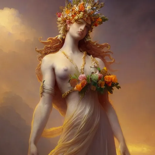 Image similar to epic portrait an statue of an flower goddess, beautiful, cracky, broad light, ambient occlusion, volumetric light effect, made by ivan aivazovsky, peter mohrbacher, greg rutkowski, matte painting, trending on artstation, 4 k, perfectly defined features, digital painting,