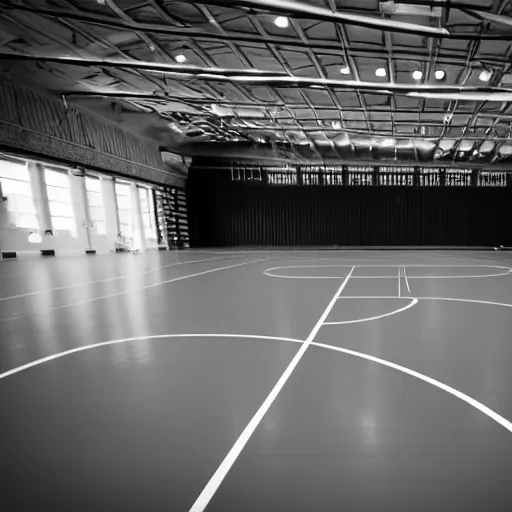 Prompt: a empty sports hall. a ball is lying at the floor. slightly blurred