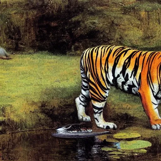 Image similar to a tiger drinks water from a pond by abbey edwin austin
