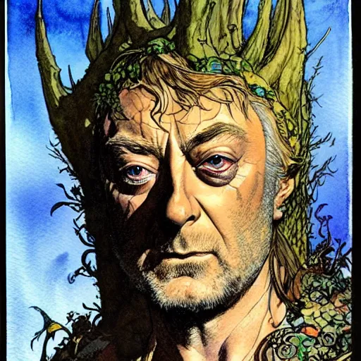 Image similar to a realistic and atmospheric watercolour fantasy character concept art portrait of michael caine as a druidic warrior wizard looking at the camera with an intelligent gaze by rebecca guay, michael kaluta, charles vess and jean moebius giraud