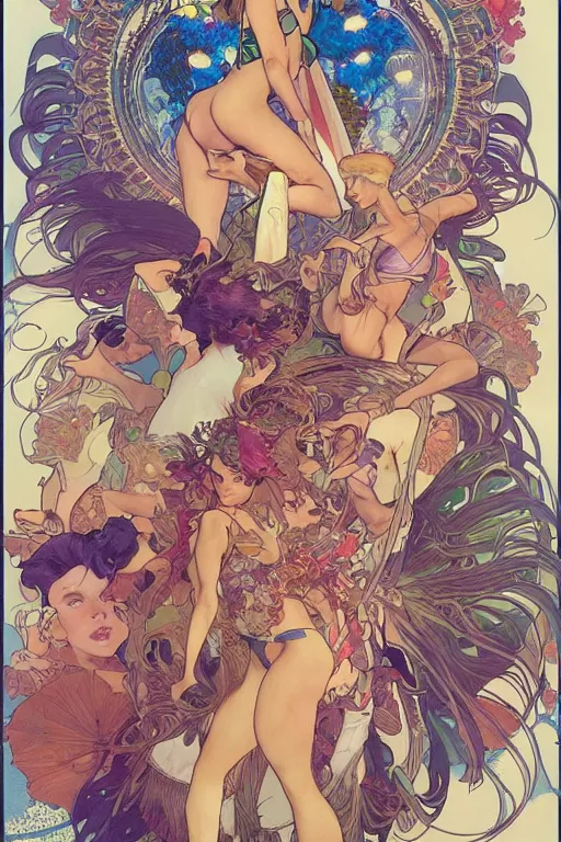 Image similar to coachella pool party, by artgerm and moebius and alphonse mucha, hyperdetailed, dc comics, explosions in the sky, trending on artstation