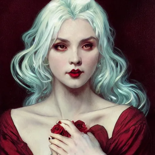 Image similar to portrait of a menacing beautiful vampire, top half of body, by Stanley Artgerm Lau , greg rutkowski, thomas kindkade, alphonse mucha, loish, norman rockwell, J. C. Leyendecker. bright white hair, pale skin, angry complexion, beautiful detailed eyes, black rose frame. D&D, fantasy. Trending on artstation rule of thirds extremely detailed old illustration hd 4k