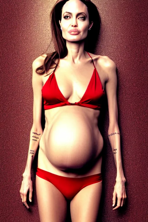 Image similar to pregnant angelina jolie in a red bikini, realistic portrait, symmetrical, highly detailed, smooth, sharp focus, hdr 4 k film screenshot
