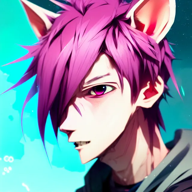 Prompt: a beautiful headshot portrait of a handsome anime male boy with pink hair and pink wolf ears and green eyes wearing cyberpunk clothes. character design by cory loftis, fenghua zhong, ryohei hase, ismail inceoglu and ruan jia. artstation, volumetric light, detailed, photorealistic, fantasy, rendered in octane