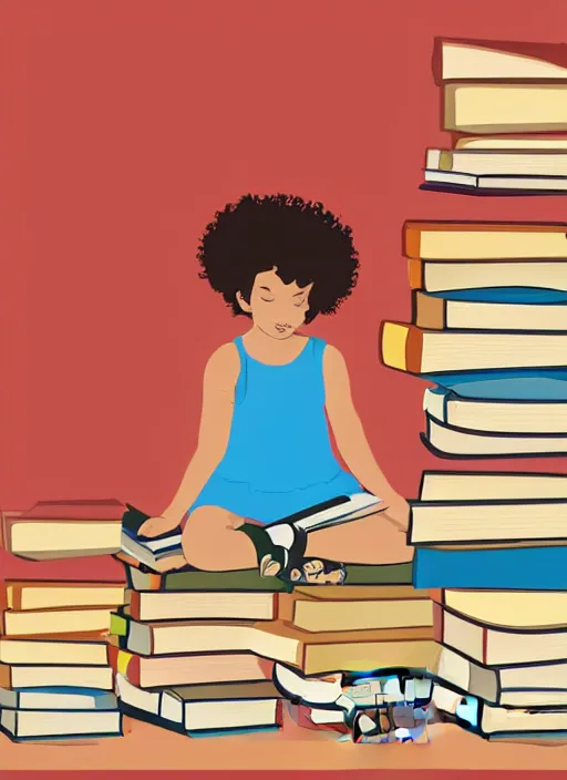 Image similar to a little girl with curly brown hair sits cross legged on top of a tall pile of books. she is reading. clean pretty cartoon painting, cel shaded, minimal outlines, beautiful detailed face.