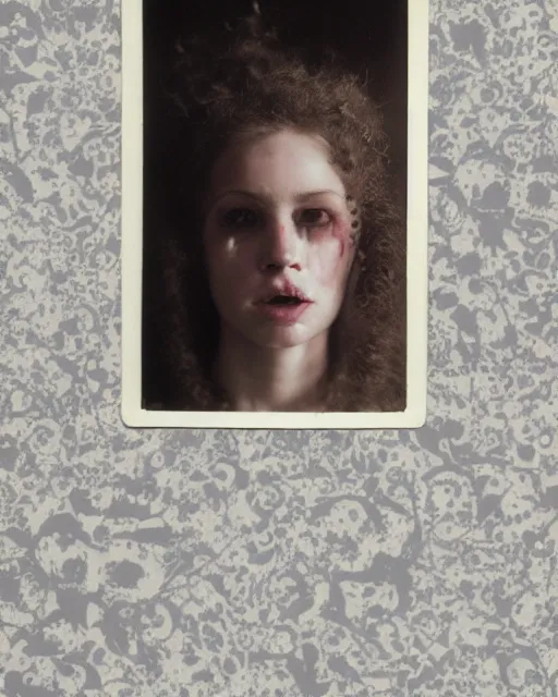 Prompt: an instant photo of a beautiful but creepy girl in layers of fear, with haunted eyes and curly hair, wearing a vivienne westwood collar, 1 9 7 0 s, seventies, wallpaper, moorland, a little blood, moonlight showing injuries, delicate embellishments, painterly, offset printing technique, by mary jane ansell