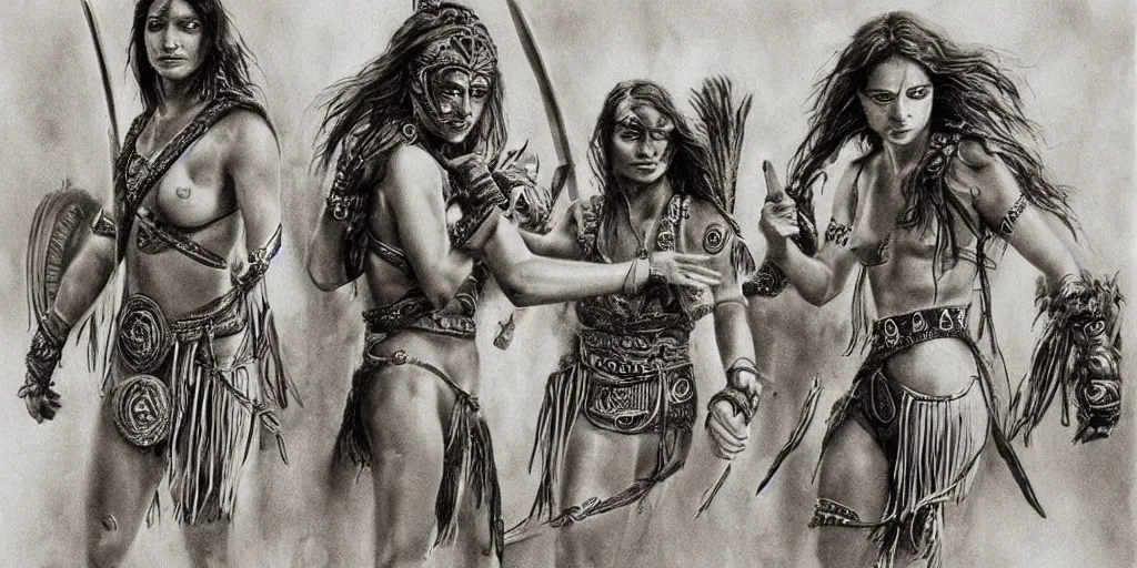 Image similar to movie, beautiful distanced aztec warrior females runs into each other, epic, vintage, black and white, Boris vallejo, sepia, apocalypto