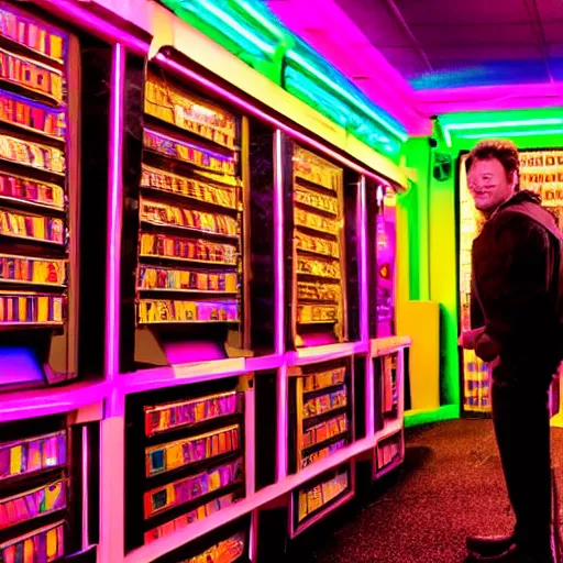 Image similar to black light photo, a man in a colorful velvet full body suit crouched inside a video rental store, nostalgia, hyper realism, the end of innocence