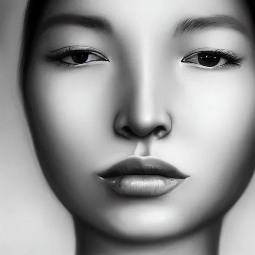 Prompt: a black and white photo of a woman's face, a hyperrealistic painting by sim sa - jeong, cg society contest winner, hyperrealism, hyper realism, ethereal, deviantart