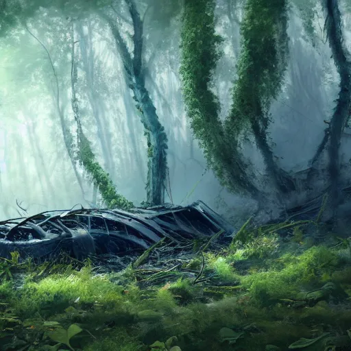 Image similar to a flying vessel wreckage lying down in a thick forest, vines growing on top, 8 k, hyper realism, artstations, concept art, cinematic