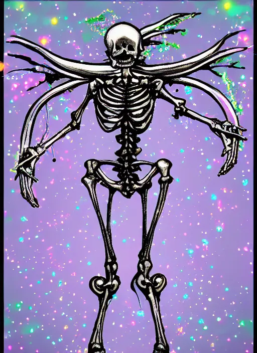 Prompt: a skeletal skinny angel spirit being, covered with pastel glitter glue slime, fashion model pose, full body maximalist cosmic eldritch character design, early computer graphics