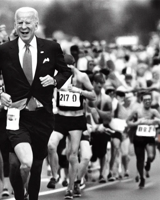 Image similar to film still close - up shot of joe biden running a marathon. photographic, photography