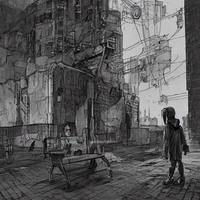 Image similar to storyboard : sadie sink in hoodie sits on bench in ruined square, pedestrians walk by, soviet monument and propaganda posters. scifi cyberpunk. by gabriel hardman. cinematic atmosphere, detailed and intricate, perfect anatomy