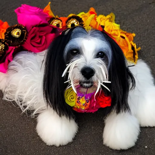 Image similar to a candy sugar skull havanese dog skull, mexico, day of the dead, close up photo, panasonic gh 6 6 0 mm bokeh