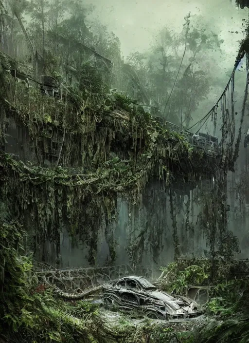 Image similar to decayed aircraft carrier USS Nimitz laying on the ground overgrown with vegetation and hanging vines, post apocalyptic, tropical forest, by Luis Royo, by Greg Rutkowski, dark, gritty, intricate, cover illustration, concept art, volumetric lighting, volumetric atmosphere, sharp focus, octane render, trending on artstation, 8k